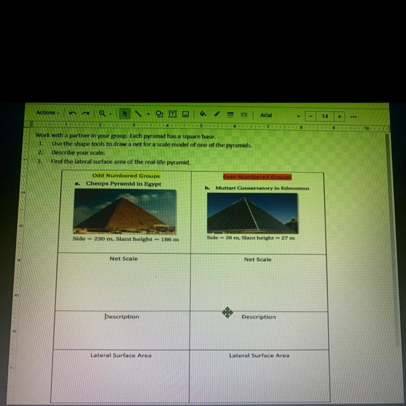 1. Use the shape tools to draw a net for a scale model of one of the pyramids.2. Describe-example-1