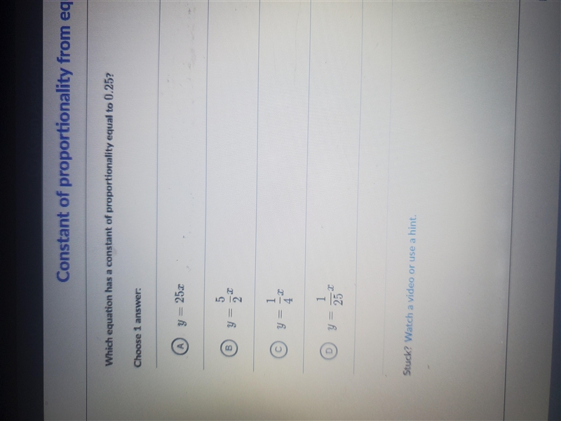 Constant of proportionality from equations Which equation has a constant of proportionality-example-1