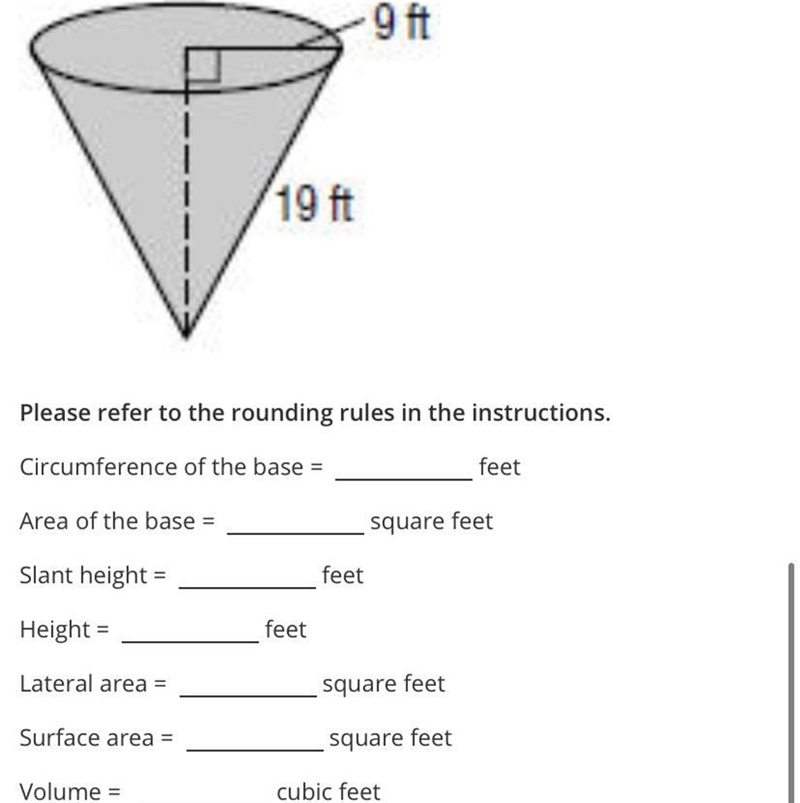 9 ft19 ftPlease refer to the rounding rules in the instructions.Circumference of the-example-1