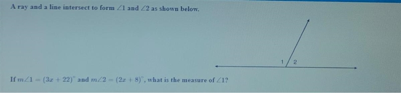 If m angle1=(3x+22)^ and m angle2=(2x+8)^ what is the measure of angle1-example-1