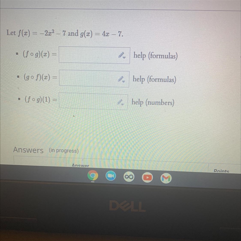 Let f(x) = -2x^2– 7 and g(x) = 4x – 7.(fog)(x) =(gof)(x) =(fog)(1) =-example-1