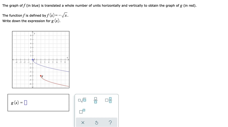 The graph of f (in blue) is translated a whole number of units horizontally and vertically-example-1