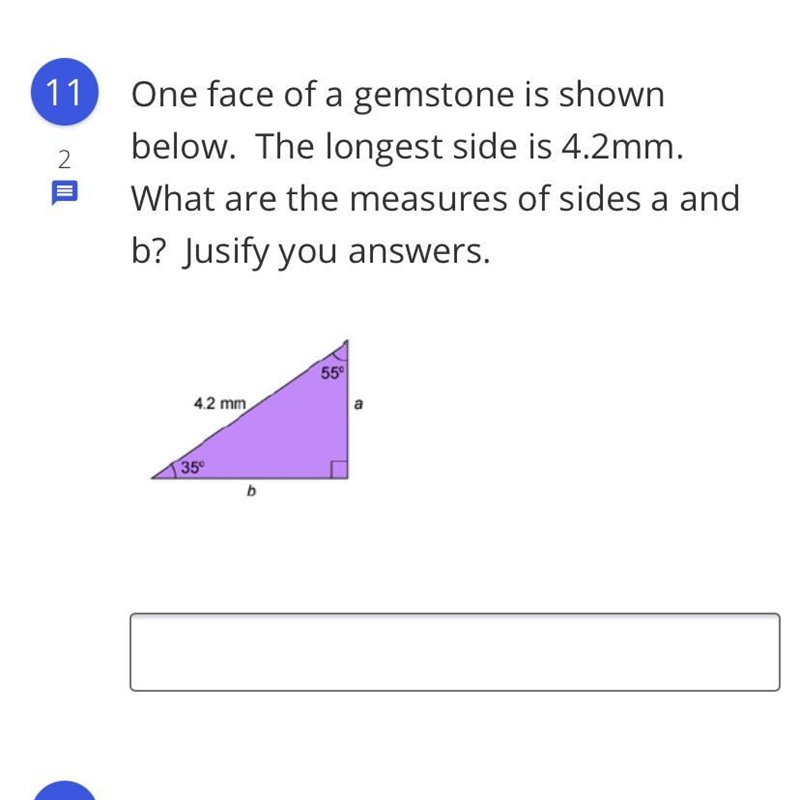 One face of a gemstone is shown below. The longest side is 4.2mm. What are the measures-example-1