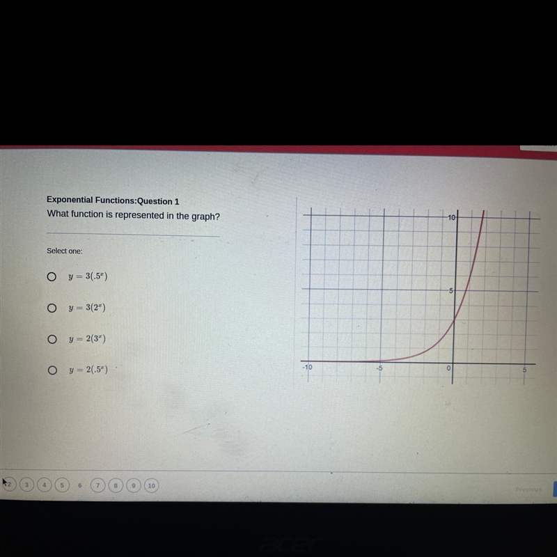 which function is represented in the graph ?- y = 3 ( .5x )- y = 3 (2x )- y = 2 ( 3x-example-1