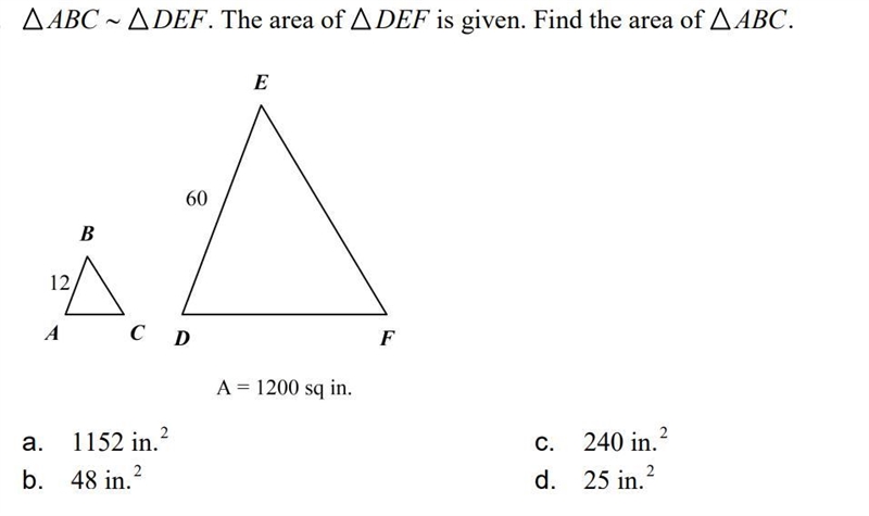 ABC  DEF. The area of DEF is given. Find the area of ABC.-example-1