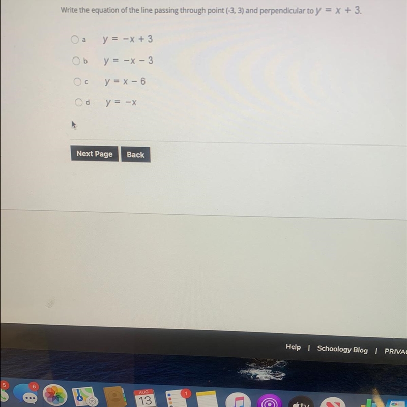 Write the equation of the line passing through point (-3,3) and perpendicular to y-example-1