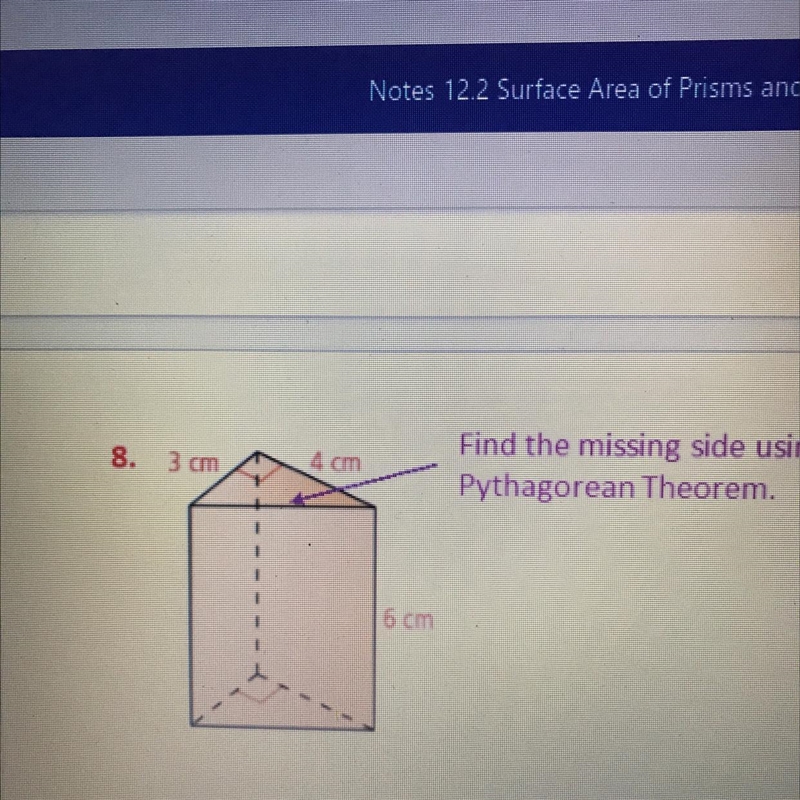 Find the missing side using Pythagorean theorem, than find the surface area-example-1