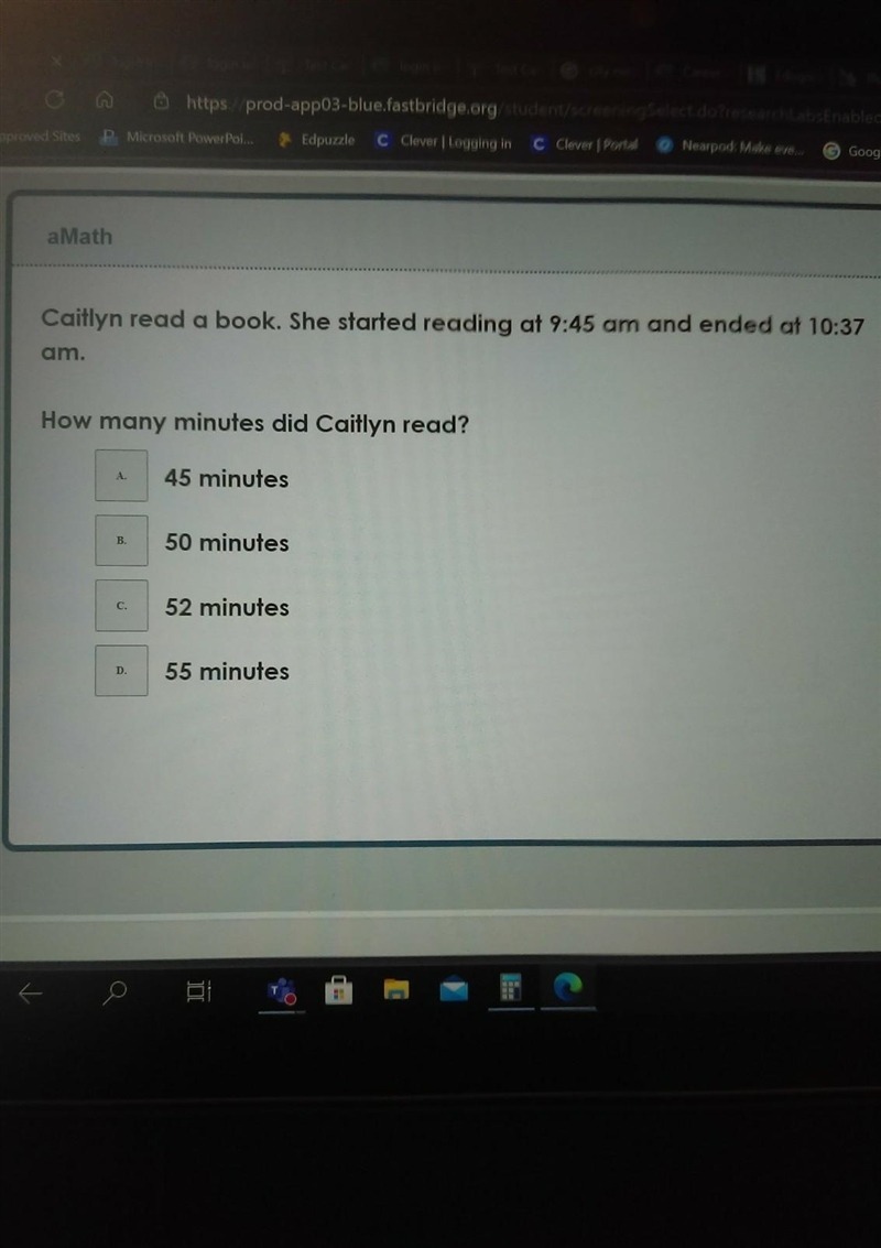 Caitlin read a book. She started reading at 9:45 a.m. and ended at 10:37 a.m. How-example-1