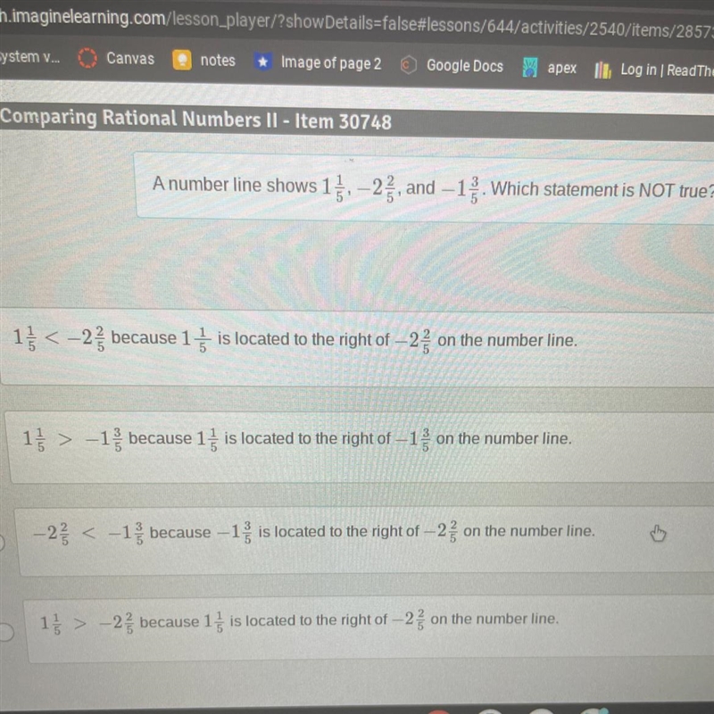 A number line shows 1-2, and -13. Which statement is NOT true? 1} < -2 because-example-1