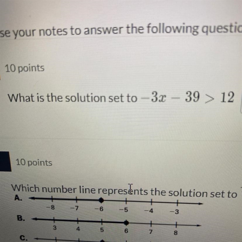 What is the solution set to -3x - 39 > 12-example-1