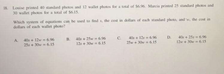 Which system of equations can be used to find s, the cost in dollars of each standard-example-1