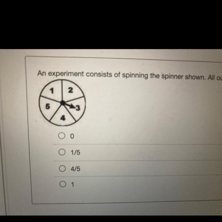 An experiment consists of spinning the spinner shown. All outcomes are equally likely-example-1