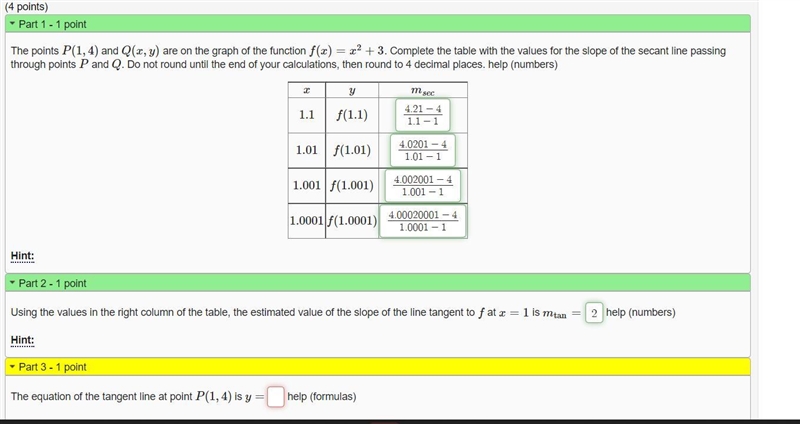 The equation of the tangent line at point P(1,4) is y=-example-1