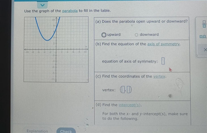 Use the graph the parabola to fill in the table-example-1