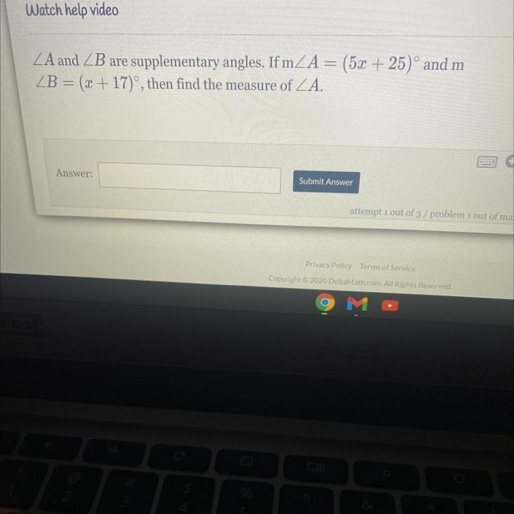 ZA and ZB are supplementary angles. If m_A = (5x + 25)° and mZB = (x +17)°, then find-example-1