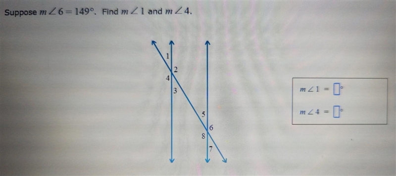 M 26= 149º. Find m2 l and m 2 4. 2 m2 1 = 5 m2 = 0 6 8 please help me. ​-example-1