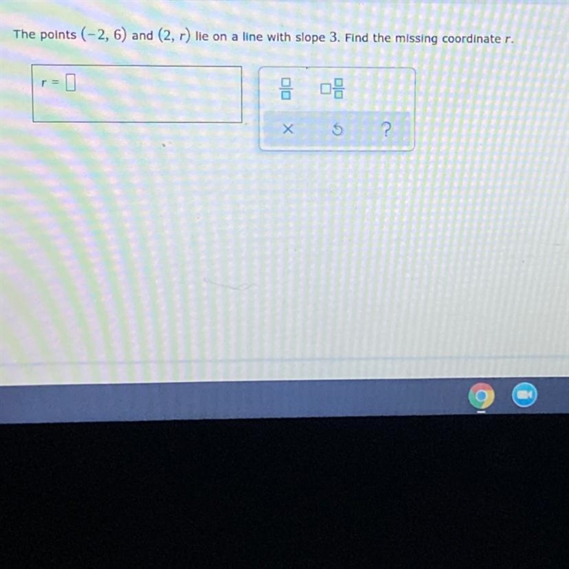 The points (-2, 6) and (2, r) lie on a line with slope 3. Find the missing coordinate-example-1