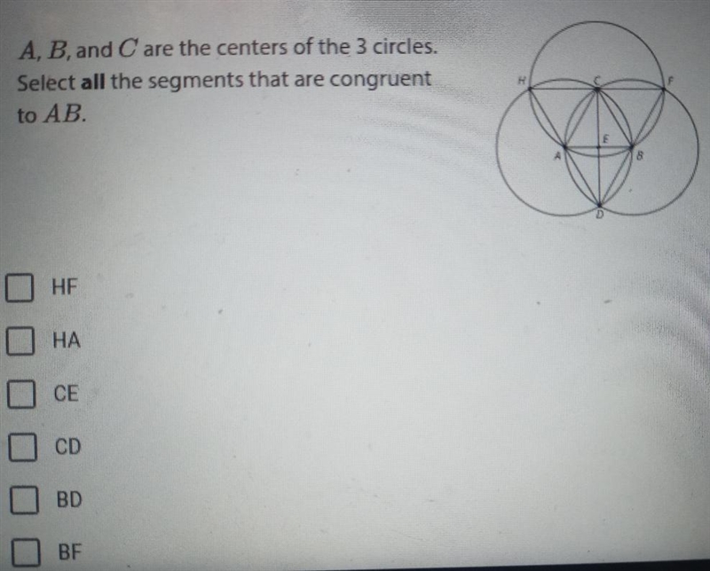 A, B, and are the centers of the 3 circles. Select all the segments that are congruent-example-1