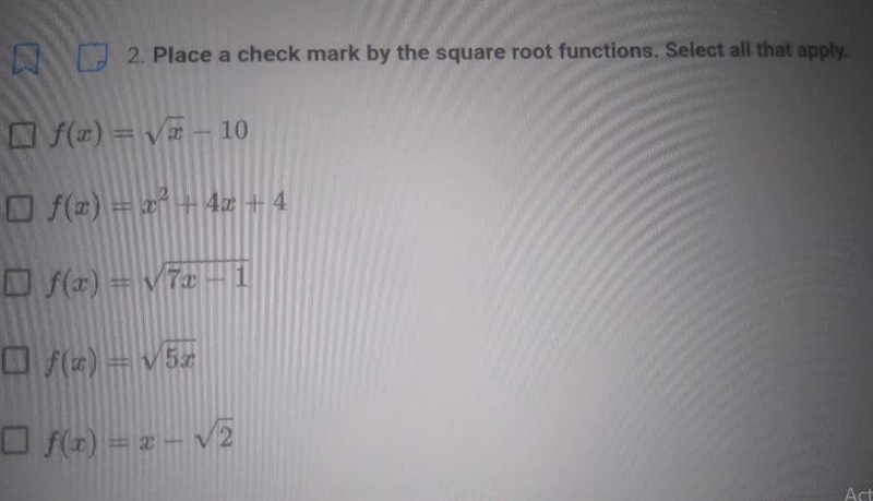 Place a check mark by the square root functions ,select all that apply-example-1