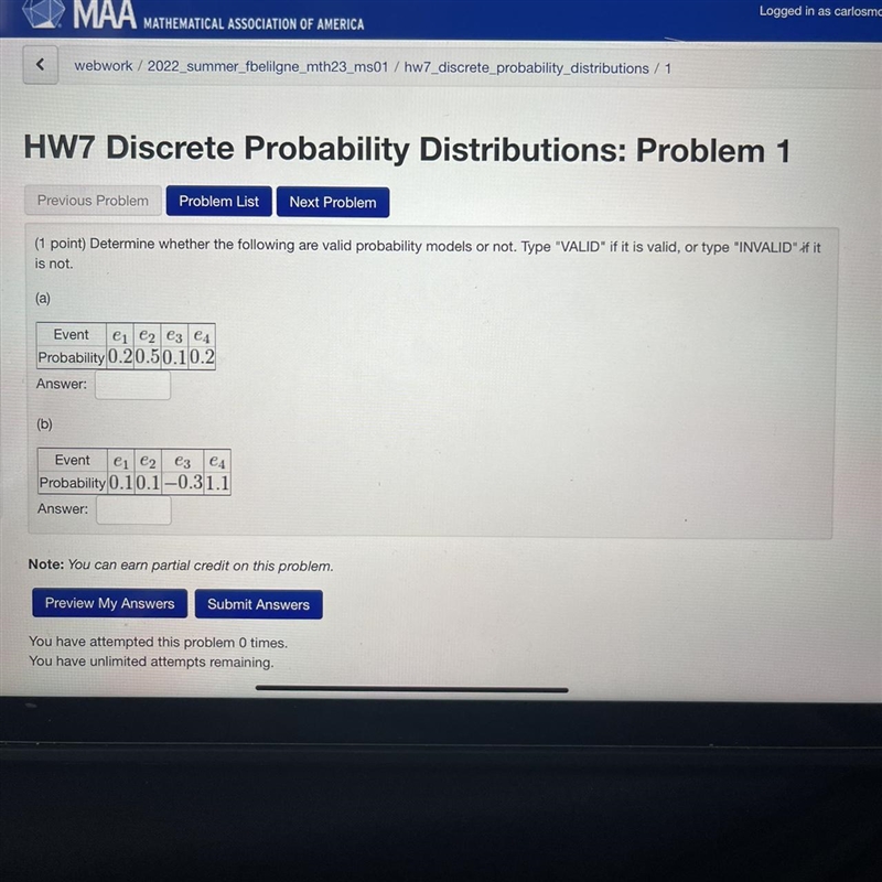 Determine whether the following are valid probability models or not. Type “VALID” if-example-1