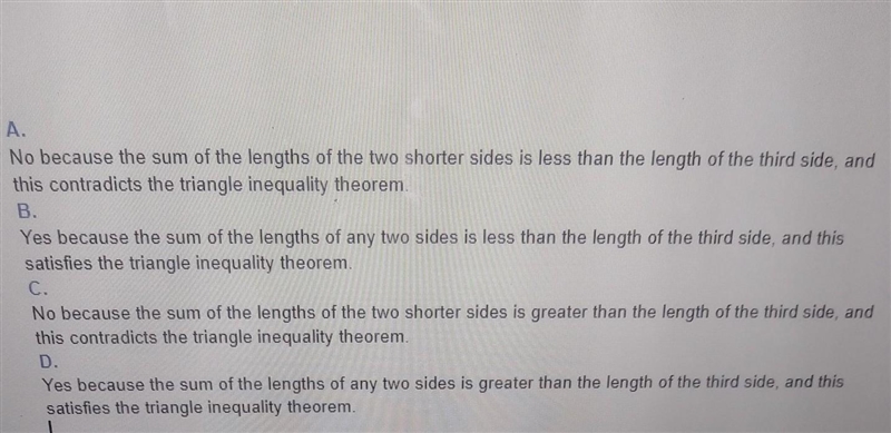 can a triangle have sides with the given lengths?Explain a=5 yd, b= 9yd, c=10 ydchoose-example-1