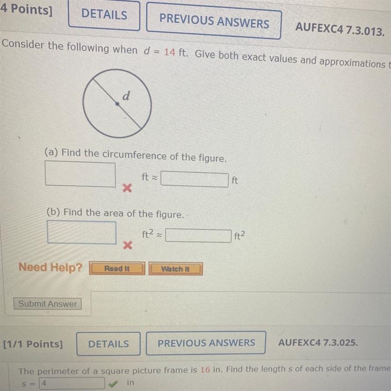 Consider the following when d = 14 ft. Give both exact values and approximations to-example-1