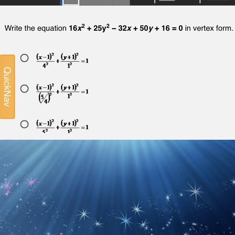 Write the equation 16x2 + 25y2 − 32x + 50y + 16 = 0 in vertex form.-example-1