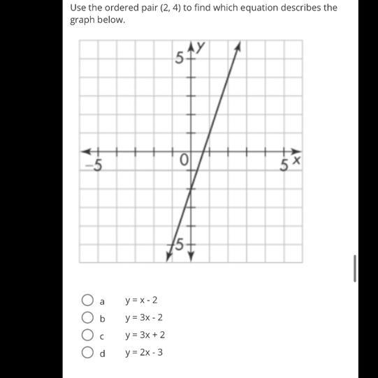 Use the ordered pair (2, 4) to find which equation describes the graph below.-example-1