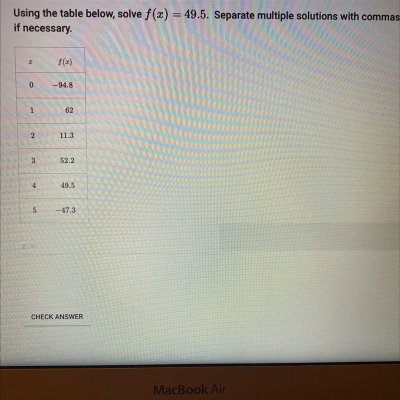 Using the table below, solve f(x)=49.5. Separate multiple solutions with commas if-example-1