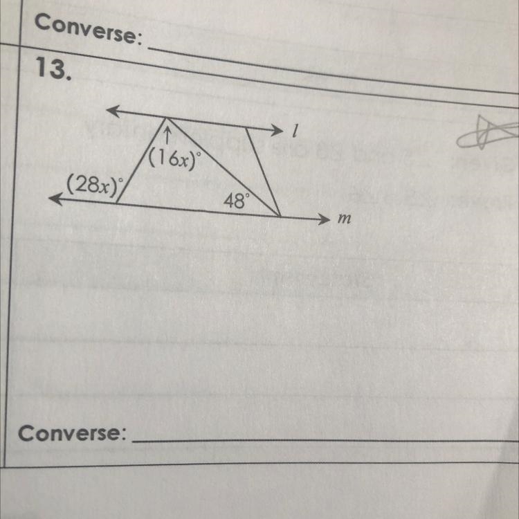 Find the value of x so that l//m. State the converse used-example-1