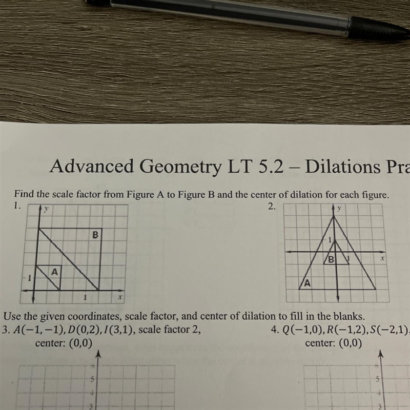 Find the scale factor from Figure A to Figure B and the center of dilation for each-example-1