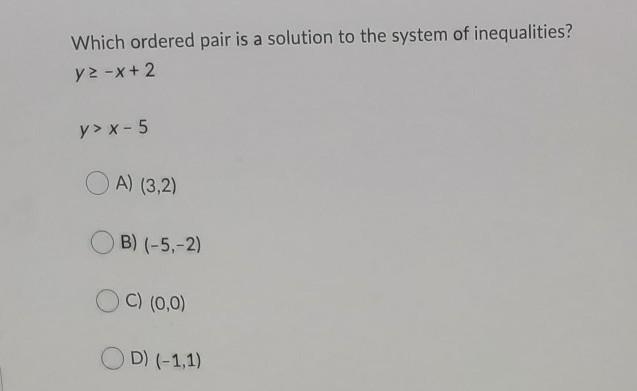 Which ordered pair is a solution to the system of inequalities? y 2-X + 2 y> x-example-1