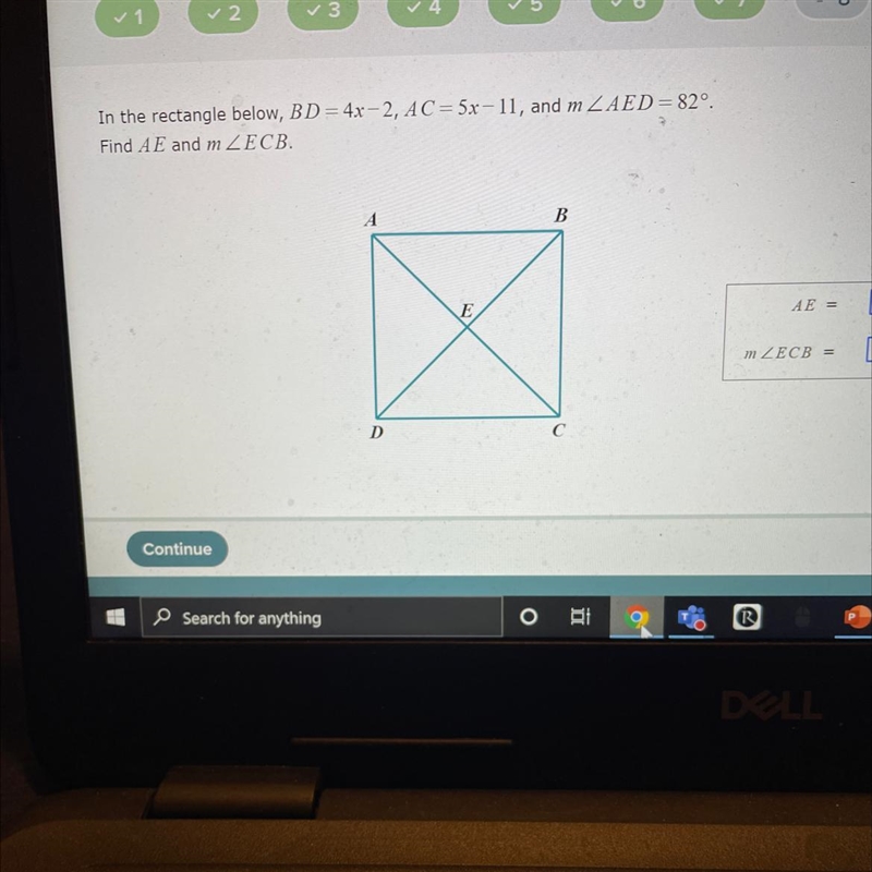 In the rectangle below, BD= 4x - 2, AC = 5x-11, and m ZAED=82º.Find AE and m ZECB-example-1