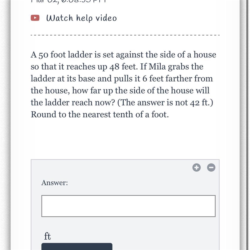 A 50 foot ladder is set against the side of a house so that it reaches up 48 feet-example-1