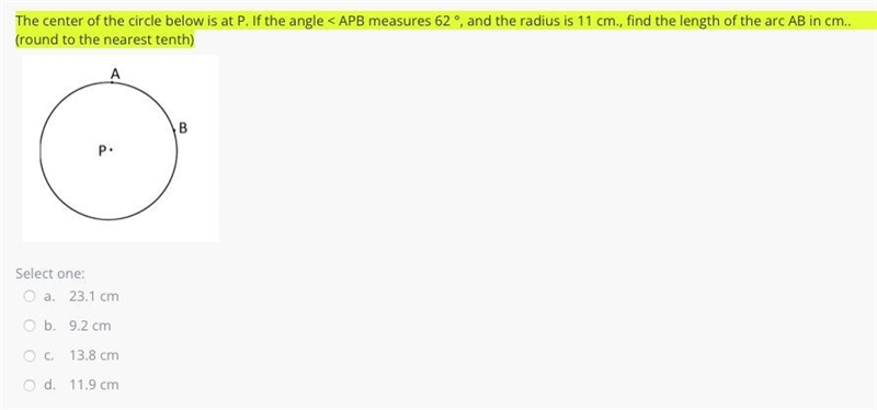 The center of the circle below is at P. If the angle < APB measures 62 °, and the-example-1