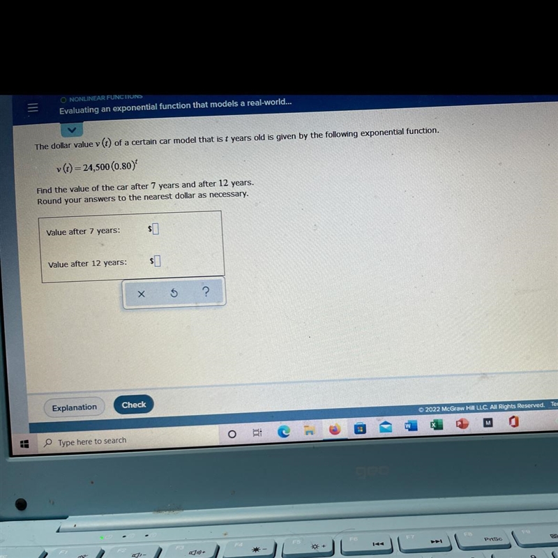 Find the value of the car after 7years and after 12 years. Round your answers to the-example-1