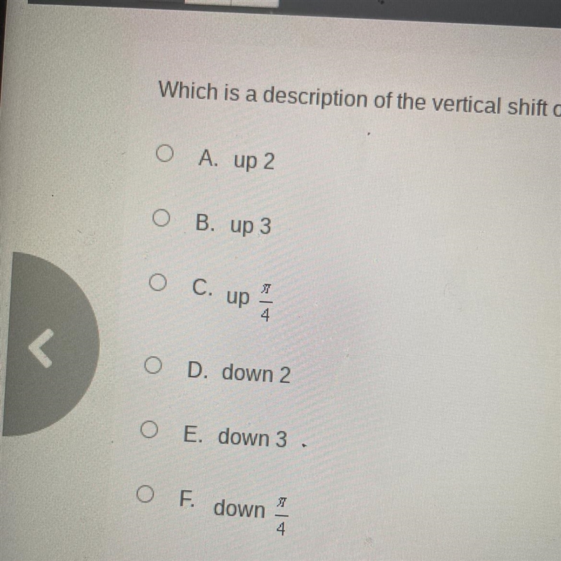 Which is a description of the vertical shift of the function f(t)=3sec(t-pi/4)-2-example-1