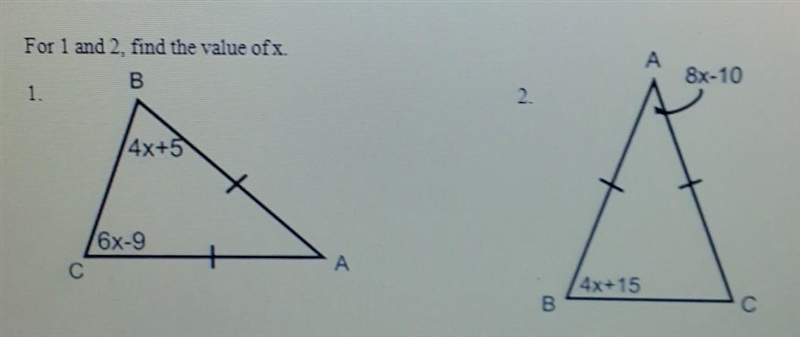 How do I find the x value for both triangle 1 and 2? Please HELPPP IT'S DUE 1PM-example-1