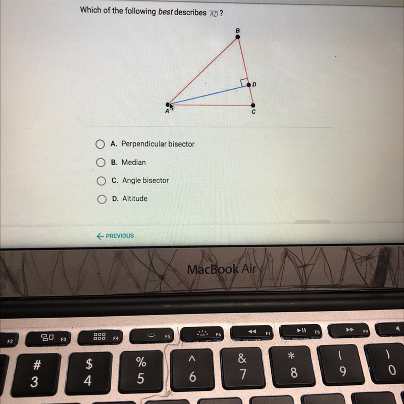 Which of the following best describes AD?BАA. Perpendicular bisectorO B. MedianC. Angle-example-1