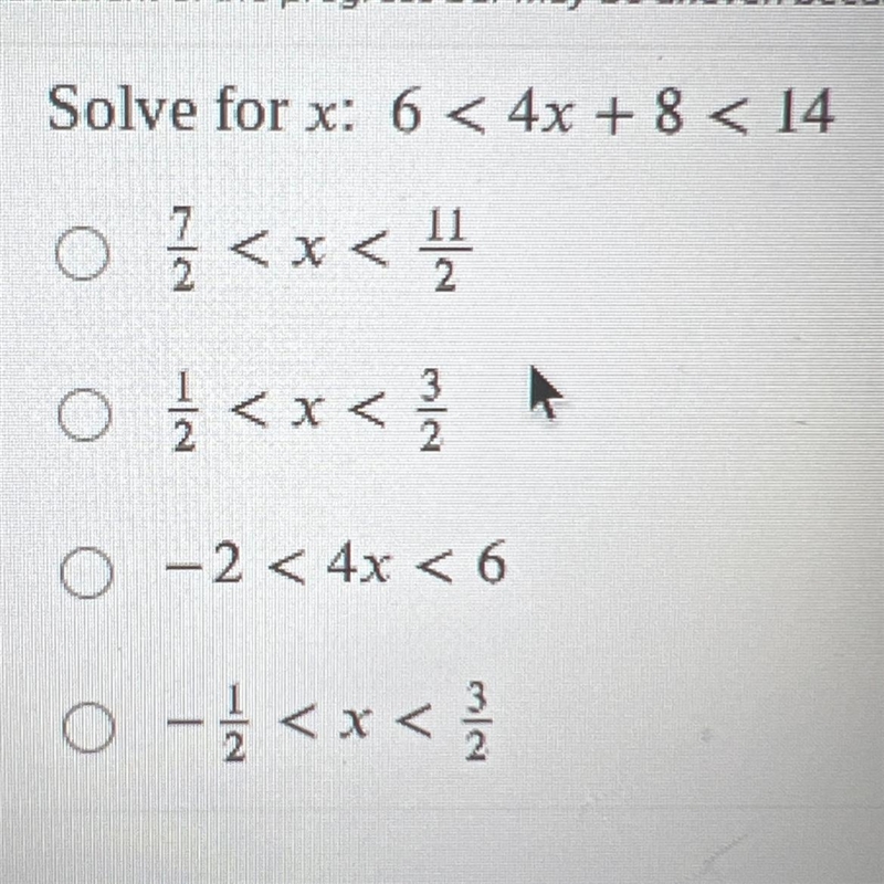 Solve for x: 6 < 4x + 8 < 14-example-1