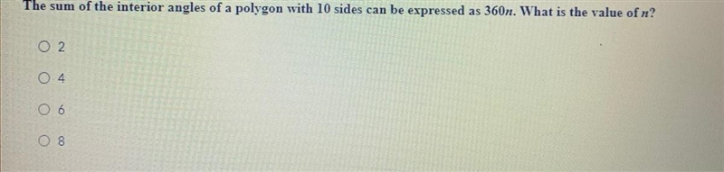 The sum of the interior angles of a polygon with 10 sides be expressed as 360n. What-example-1