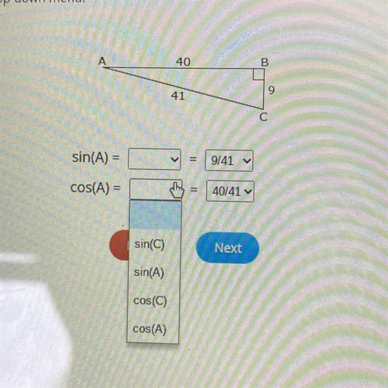 Select the correct answer from each drop-down menu.Consider right triangle ABC.Asin-example-1