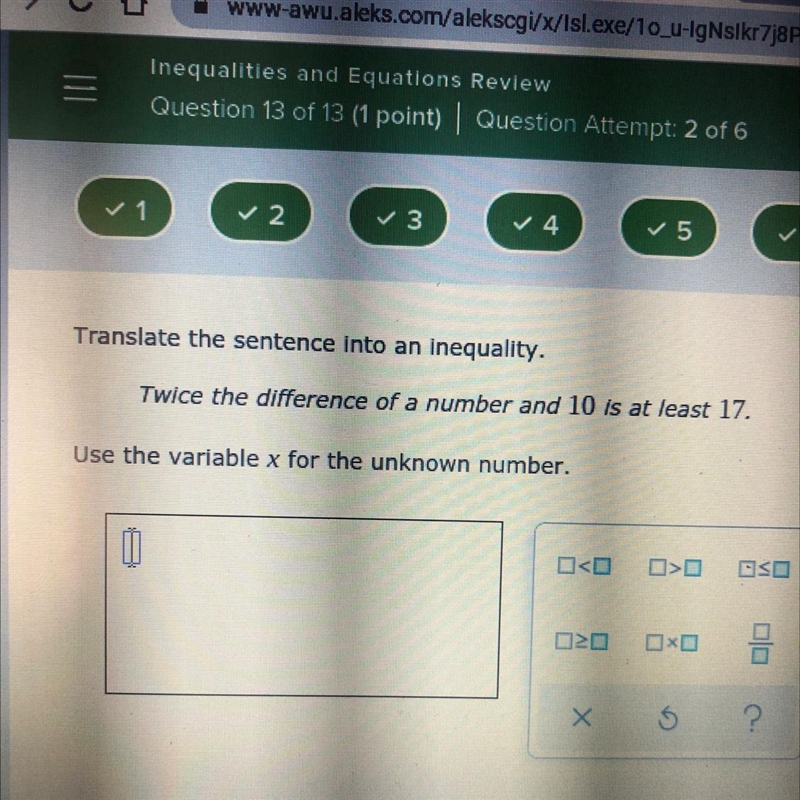 Translate the sentence into an inequality.Twice the difference of a number and 10 is-example-1