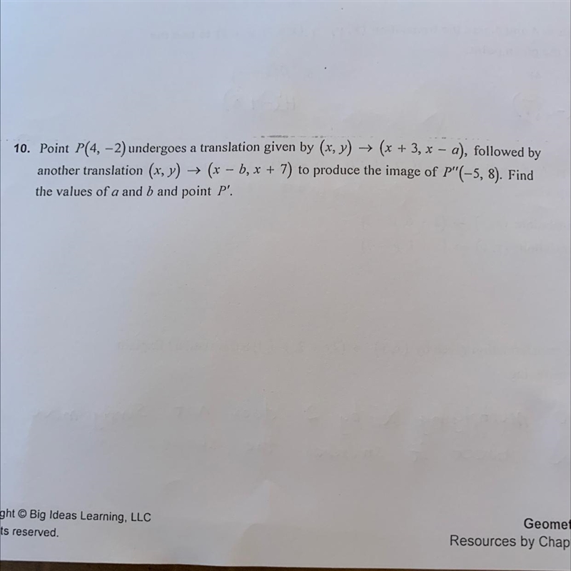 Point P(4,-2) undergoes a translation given by (x,y) - (x+3, x-a) followed by another-example-1