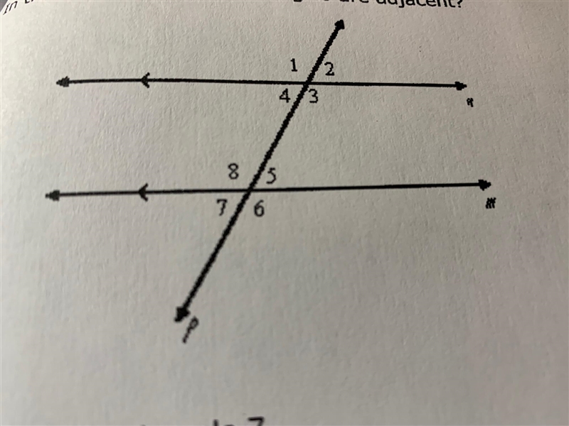 In the figure, what set of angles are adjacent?angle 5 and angle 7angle 6 and angle-example-1