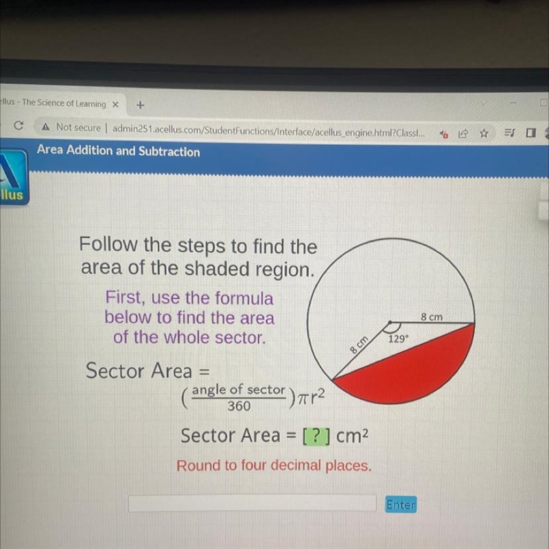 Follow the steps to find the area of the shaded region. First, use the formula below-example-1