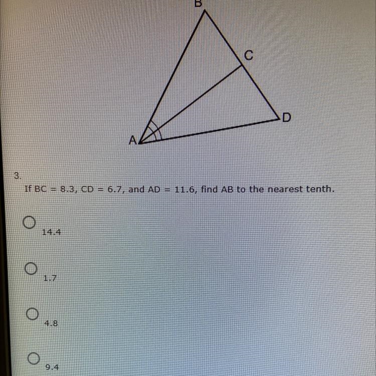 If BC=8.3, CD=6.7, and AD= 11.6, find AB to the nearest tenth.-example-1