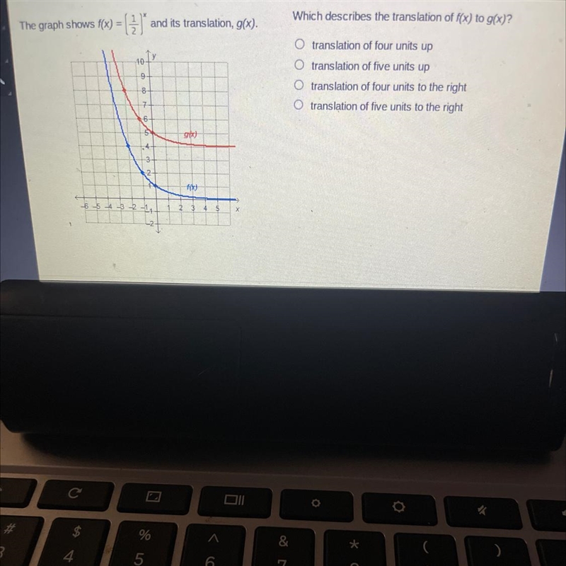 The graph shows f(x) (1/2) and it transitions, g(x). Witch discribes the translation-example-1