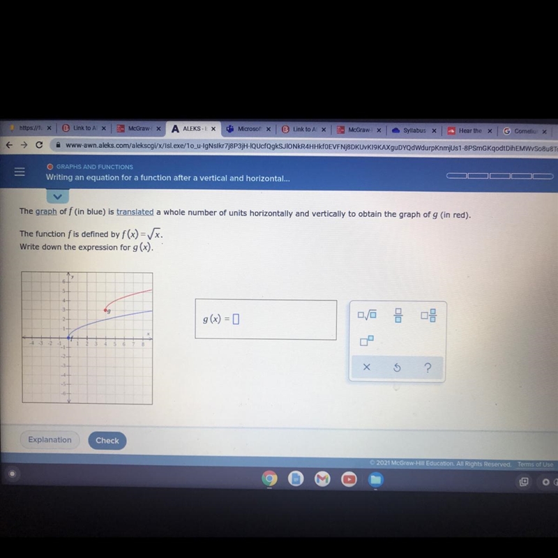 The graph off (in blue) is translated a whole number of units horizontally and vertically-example-1