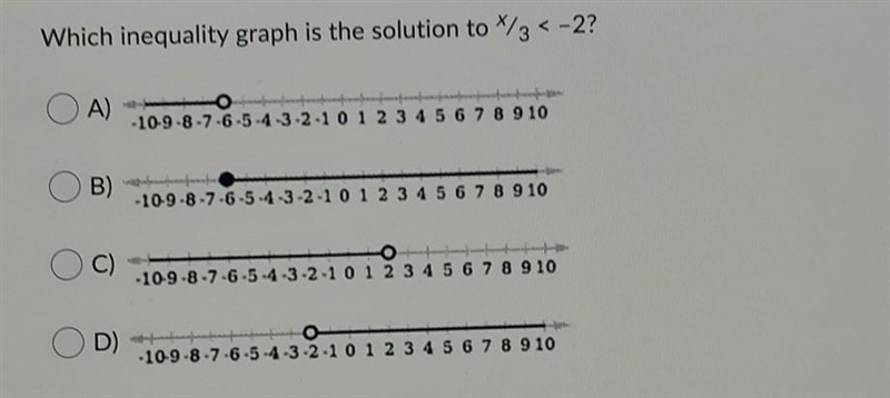 Which inequality graph is the solution to ×/3 < -2?-example-1